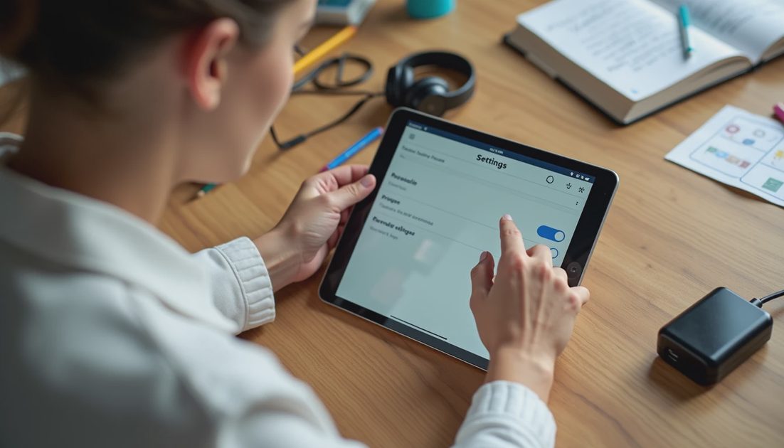 Hands adjusting parental control settings on a tablet