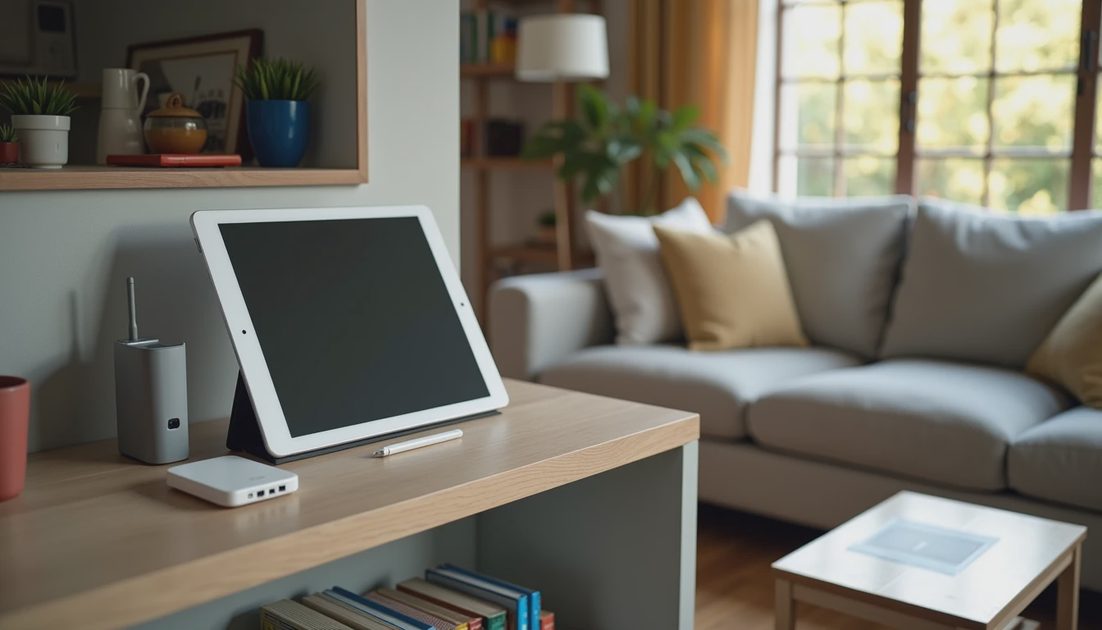 Kid's tablet, Wi-Fi router, and chargers on a family desk