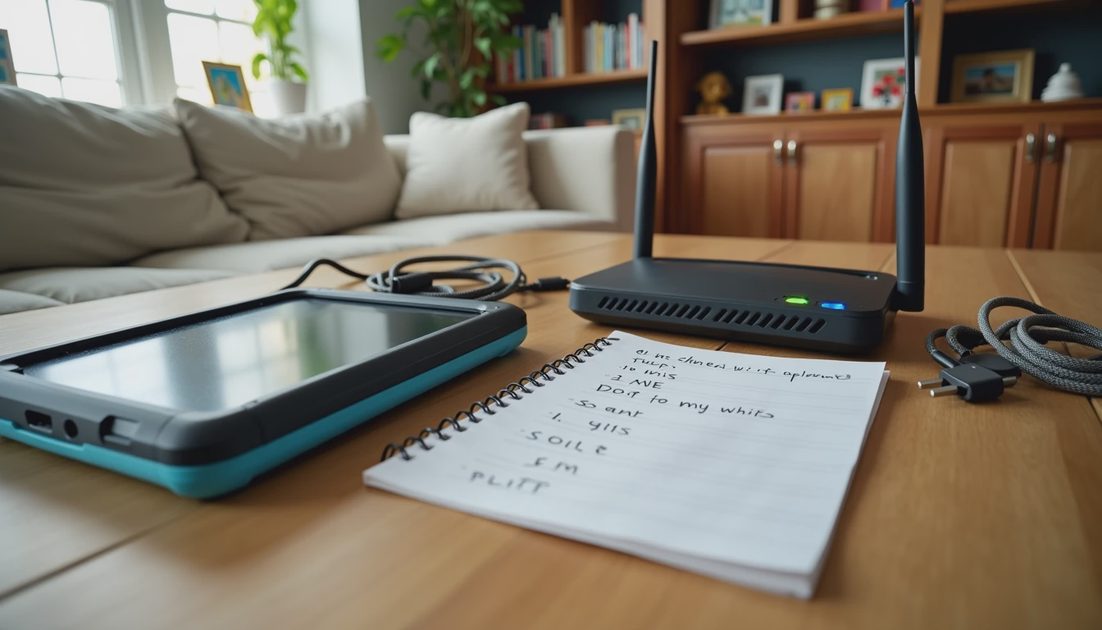 Kid's tablet, Wi-Fi router, and chargers on a family desk