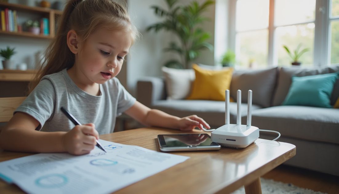 A smart speaker, tablet, and router side by side on a counter