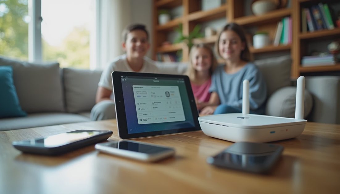 Kid's tablet, Wi-Fi router, and chargers on a family desk
