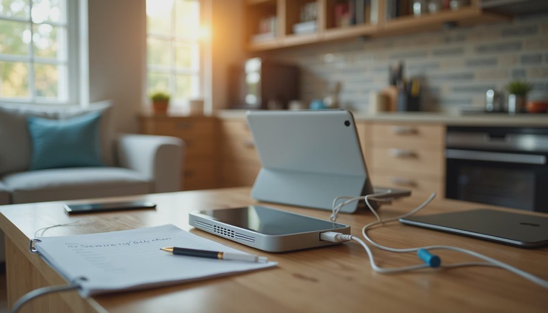 Tablets, a router, and charging cables on a kitchen counter