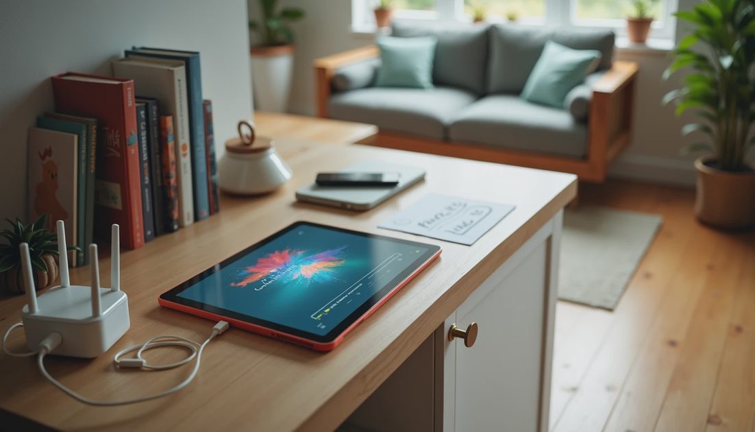 A tablet running a kid-safe browser beside a router and cables