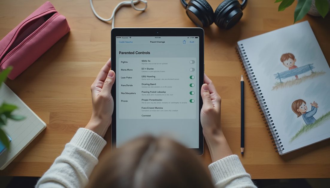 Hands adjusting parental control settings on a tablet