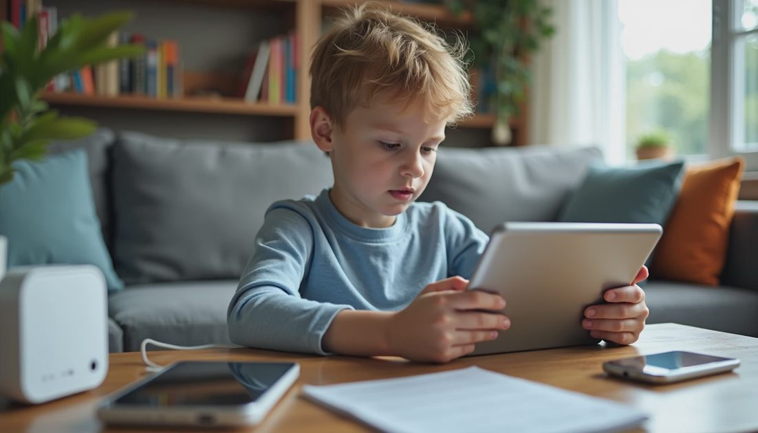 A router, kids' tablet, and chargers set up on a guest network