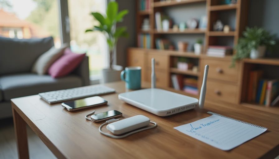 Kid's tablet, Wi-Fi router, and chargers on a family desk