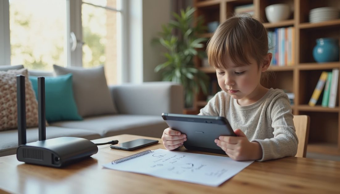 A router, tablet, and chargers laid out for a lost-device plan