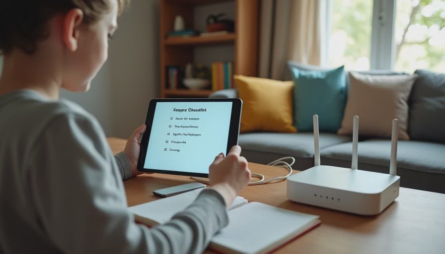 A tablet, router, and chargers arranged for homework time